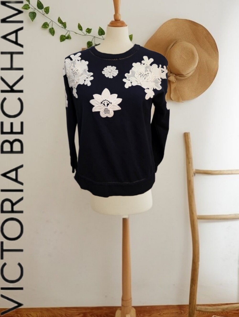 Victoria Beckham Navy Floral Lace W/ Appliqué Detail